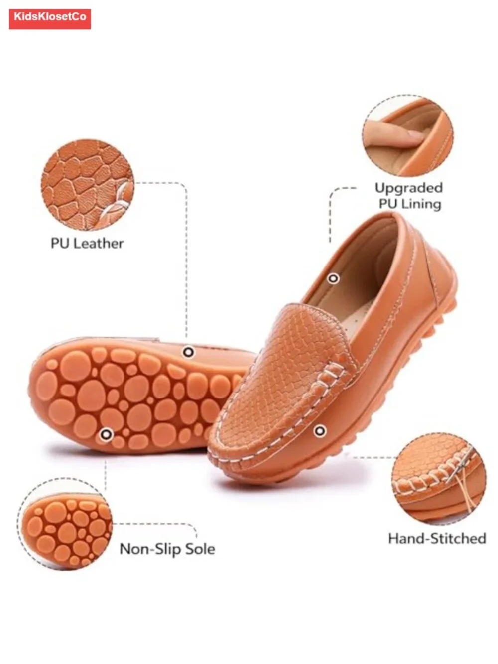 Kids Boys Girls Loafers Dress Shoes Slip On Faux Leather Hand-Stitched Non-Slip